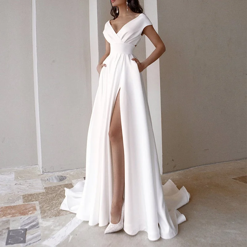 Sexy white v-neck wrap backless split maxi dress | Summer wedding party floor length dress Fashionable Layered Maxi Dress