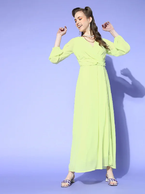 Women Lime Green Wrap Maxi Dress Comfortable Cotton Maxi Dress