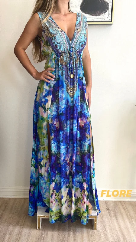 Shahida Parides Silks Plunge Neckline Maxi Dress Cozy Knitted Maxi Dress