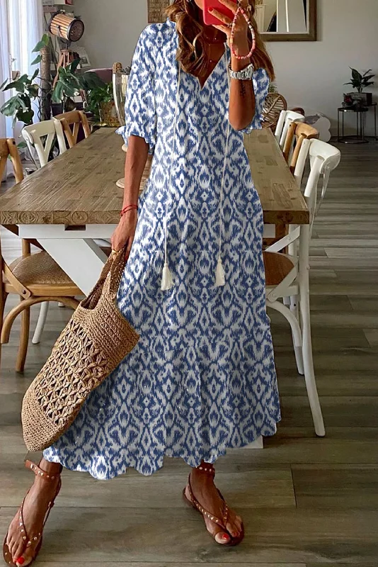 Sky Blue V Geometric Print Maxi Dress Fashionable Off-Shoulder Maxi Dress