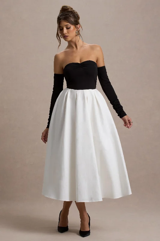 Solada | Black & Cream Bardot Pleated Maxi Dress Elegant Sleeveless Maxi Dress