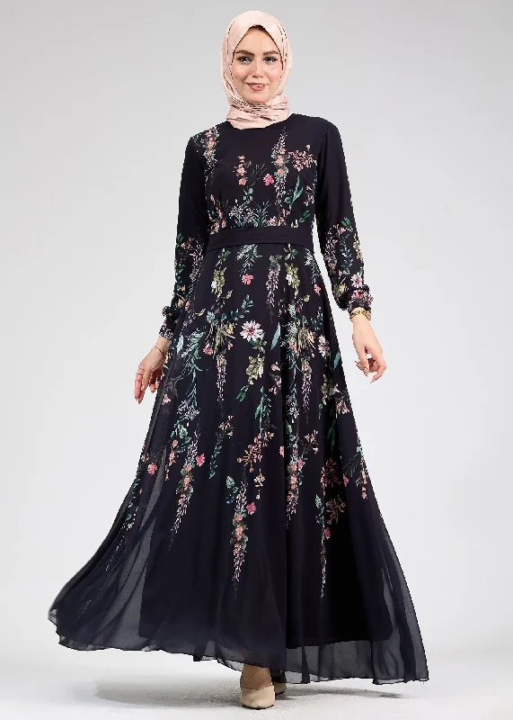 Qamar Sophia Floral Print Chiffon Long Sleeve Maxi Dress Fashionable Chiffon Tiered Maxi Dress