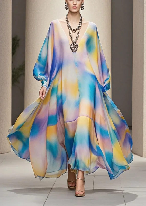 Stylish Rainbow Tie Dye Exra Large Hem Chiffon Maxi Dress Fall Comfortable Ruffle Maxi Dress