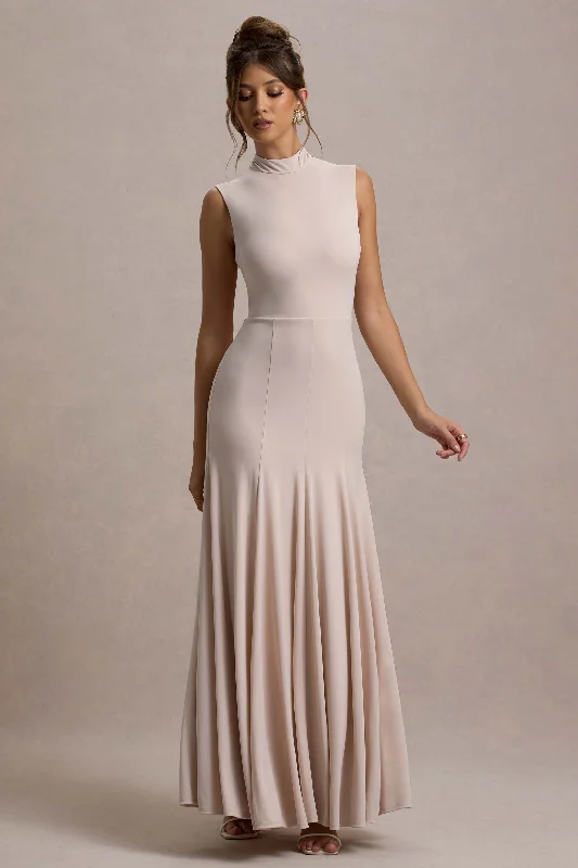 Ulani | Champagne High-Neck Maxi Dress With Open Back Classic V-Neck Maxi Dress