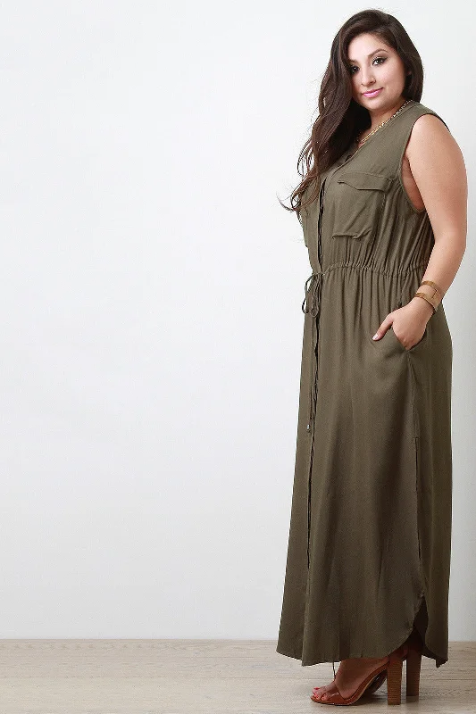 Button-Up Double Pocket Maxi Dress Trendy Satin Maxi Dress