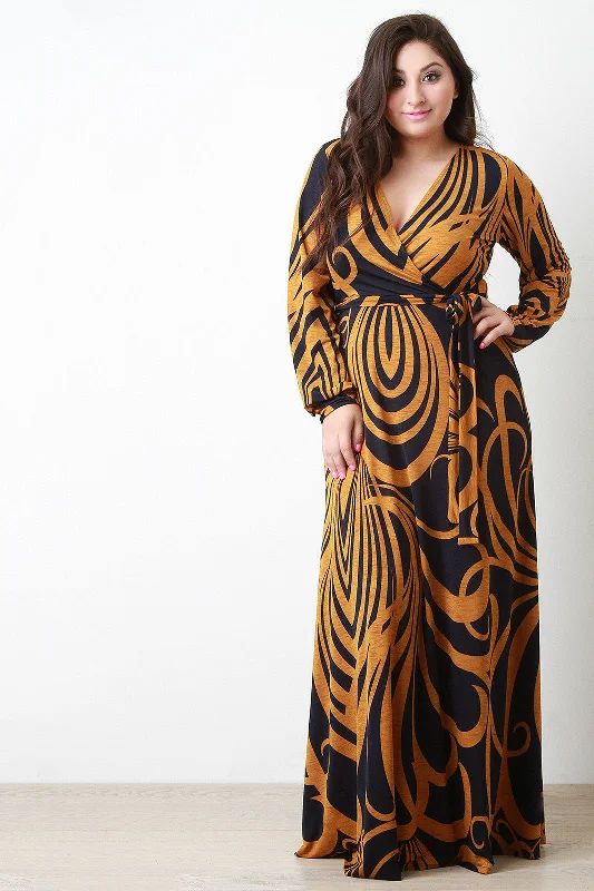 Abstract Curve Lines Surplice Longsleeve Maxi Dress Stylish Boho Chic Maxi Dress