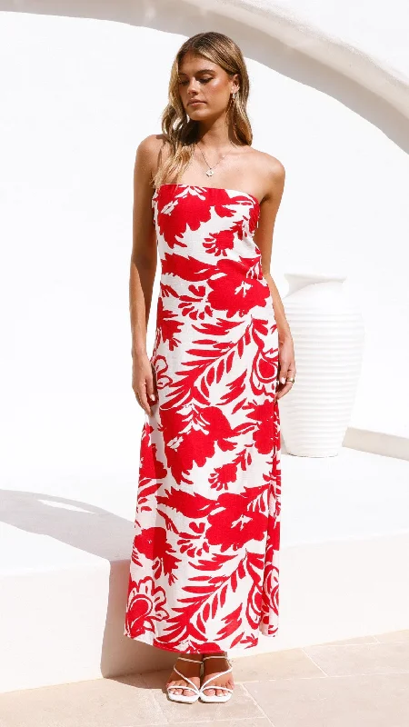 Uzma Strapless Maxi Dress - Red / White Print Stylish Boho Maxi Dress