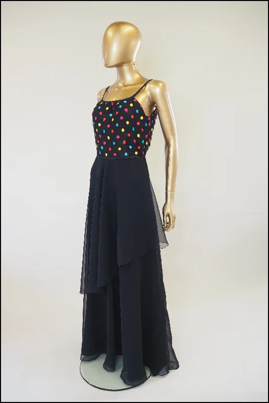 Vintage 1970s Black Dot Chiffon Maxi Dress Stylish Longline Maxi Dress