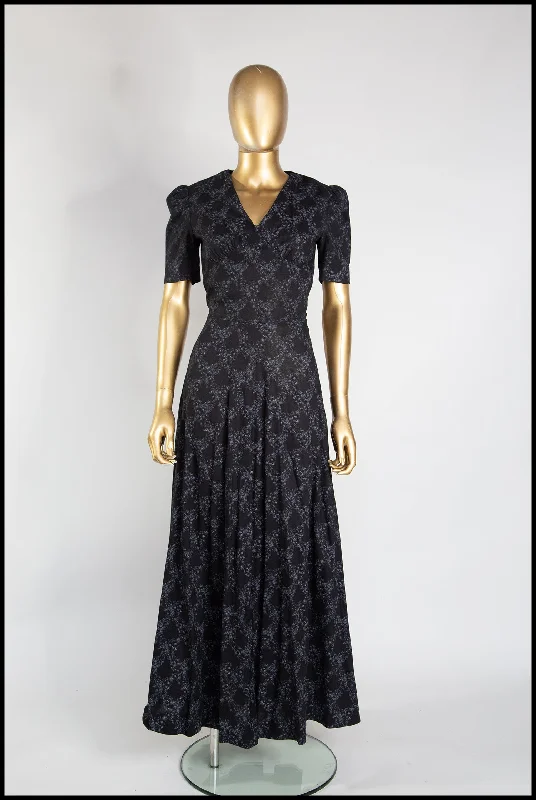 Vintage 1970s Black Floral Cotton Maxi Dress Stylish One-Shoulder Maxi Dress