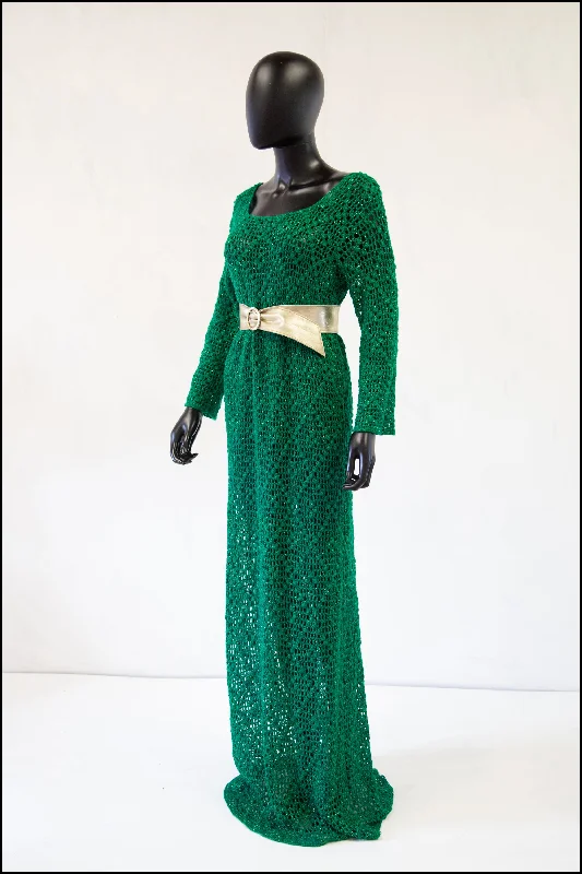 Vintage 1970s Green Metallic Crotchet Maxi Dress Elegant Maxi Dress with Lace