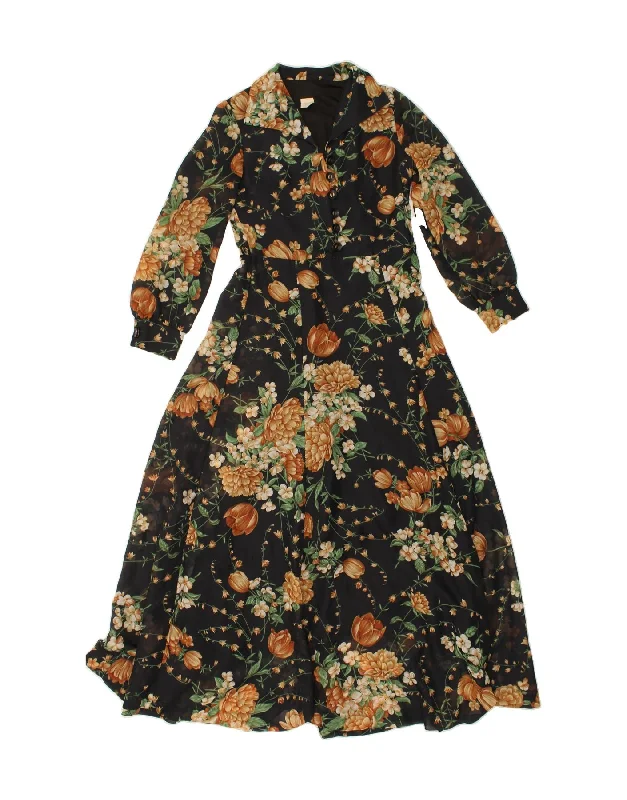 VINTAGE Womens Long Sleeve Maxi Dress UK 12 Medium Navy Blue Floral Cozy Maxi Dress with Slit