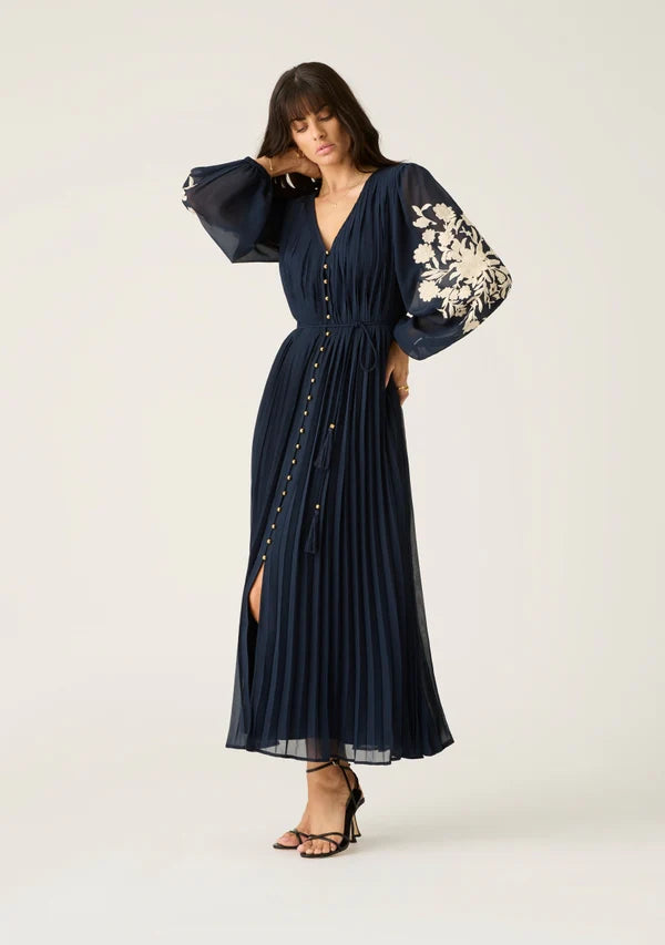 Willow Pleat Maxi Dress - Navy Cozy Maxi Dress with Slit