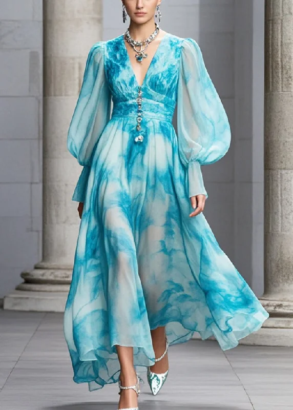 Women Blue V Neck Tie Dye Chiffon Maxi Dresses Fall Stylish Maxi Dress with Pleats