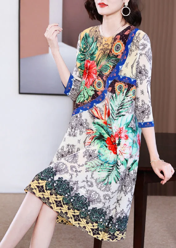 Women White Floral Print Wrinkled Maxi Dresses Bracelet Sleeve Fashionable Sheer Maxi Dress