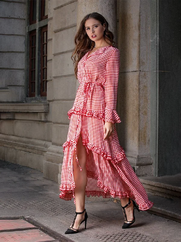 Women's Boho Dress Red Plaid Splid Ruffles Peplum Maxi Dress Cake Dress Fashionable Asymmetrical Maxi Dress