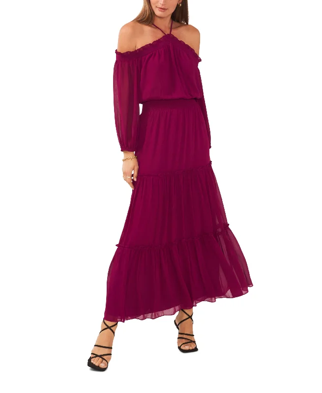 Women's Smocked Waist Halter Long Sleeve Maxi Dress Comfortable Casual Maxi Dress