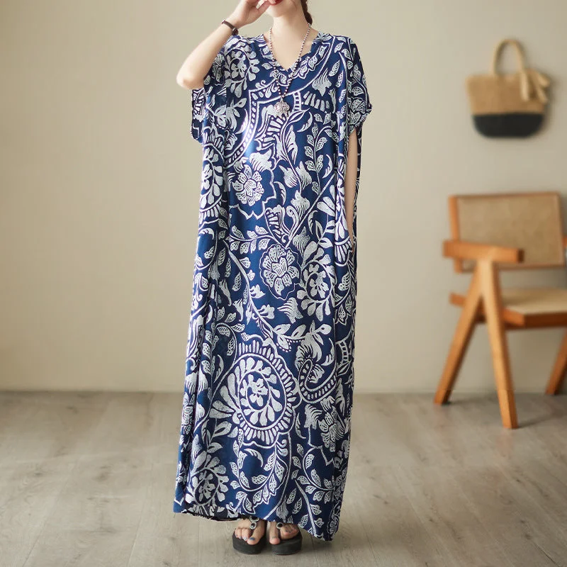 Women's V-neck Printed Cotton Maxi Dress Vacation Style Bohemian Dress Cozy Ribbed Maxi Dress