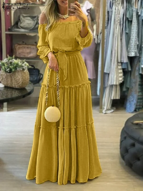 ZANZEA Off Shoulder Ruffle Belted Long Maxi Dress Fashionable Layered Maxi Dress