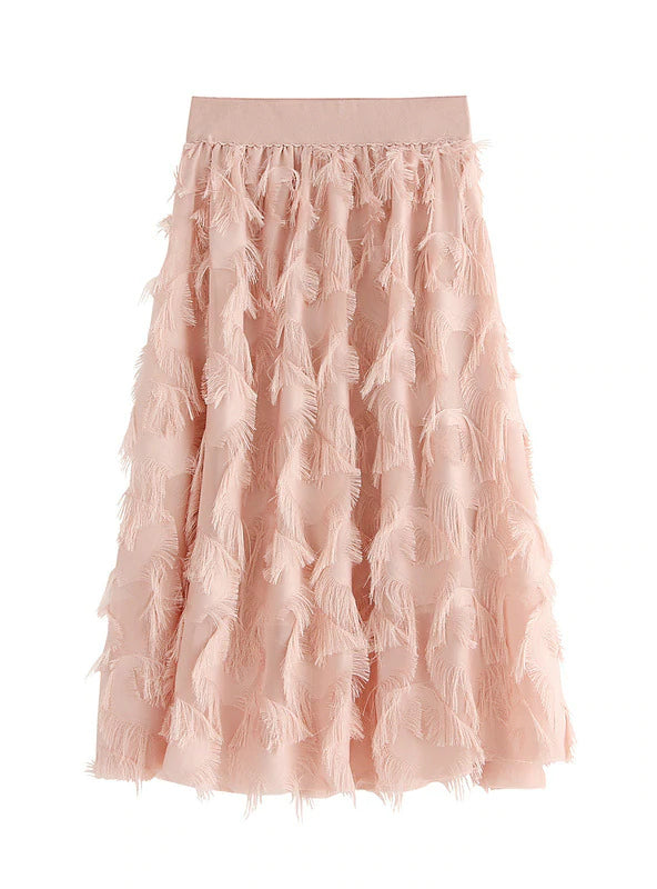 ELASTIC WAIST FEATHER FRINGED SKIRT linen skirt natural