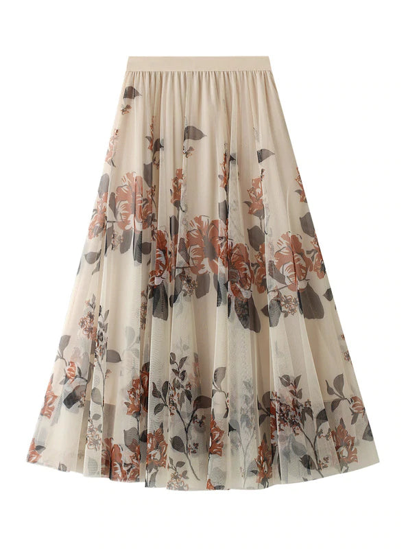 FLORAL PLEATED LONG GAUZE SKIRT velvet skirt plush