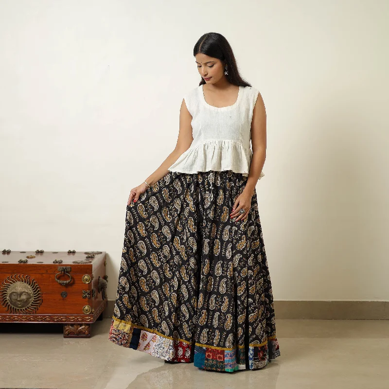 Black - Hand Block Printed Cotton Long Bagru Skirt 15 silk skirt lustrous