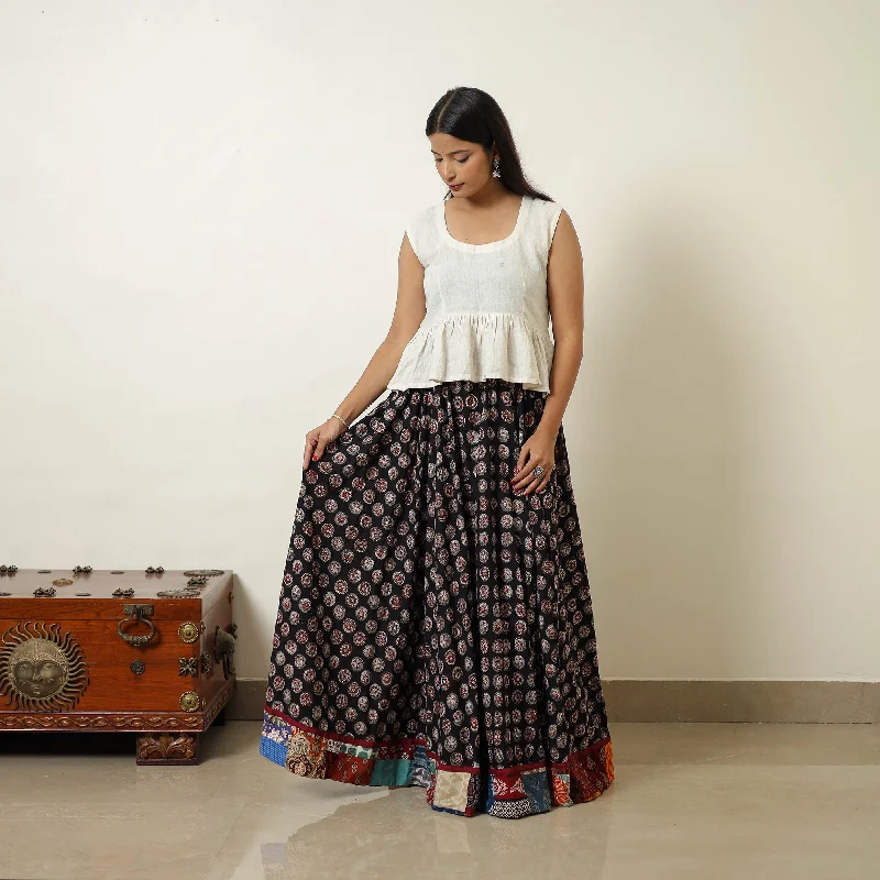 Black - Hand Block Printed Cotton Long Bagru Skirt 06 wool skirt breathable