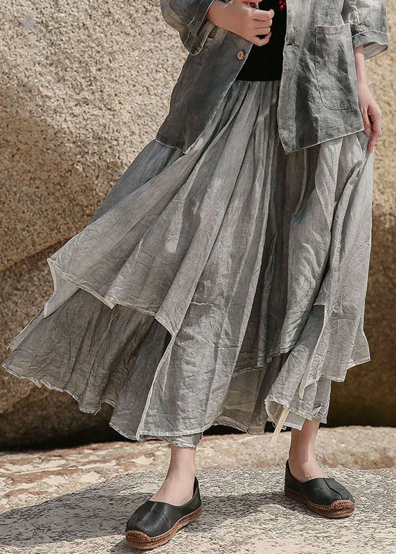 Art Grey Asymmetrical Pockets Cotton Skirt Spring chiffon skirt flowing