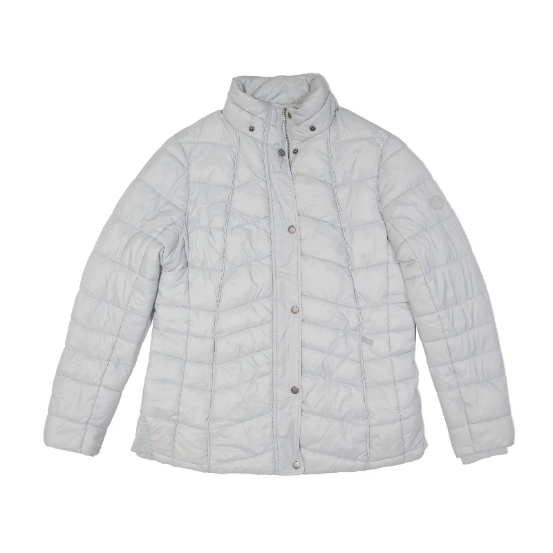 BARBOUR Bernera Quilt Fibre Down Puffer Jacket Grey Womens UK 16 Zippered Front Buttoned Front Snap Front