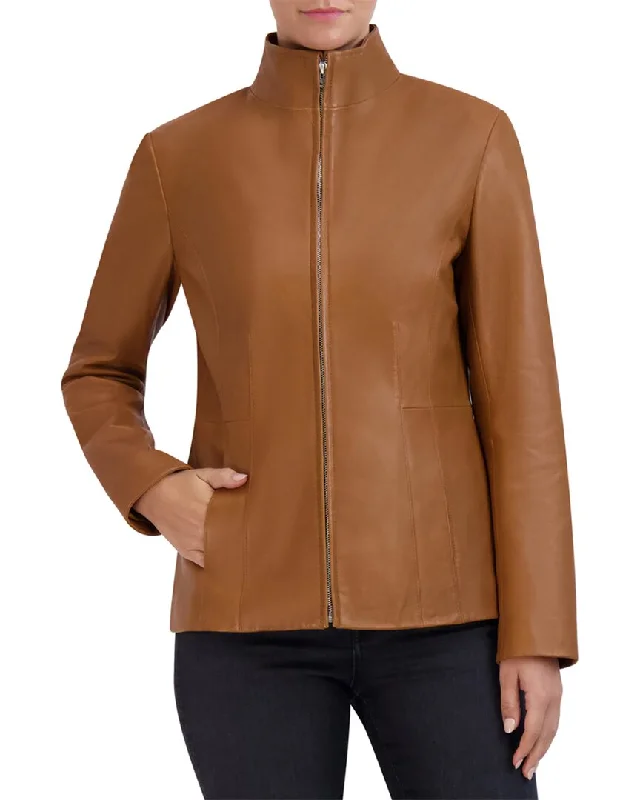 Cole Haan Smooth Leather Wing Collar Jacket Welt Pockets Slit Pockets Flap Pockets