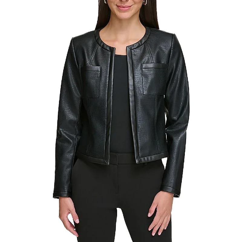 Womens Faux Leather Embossed Leather Jacket Hoodie Zip-Up Jacket Button-Up Jacket