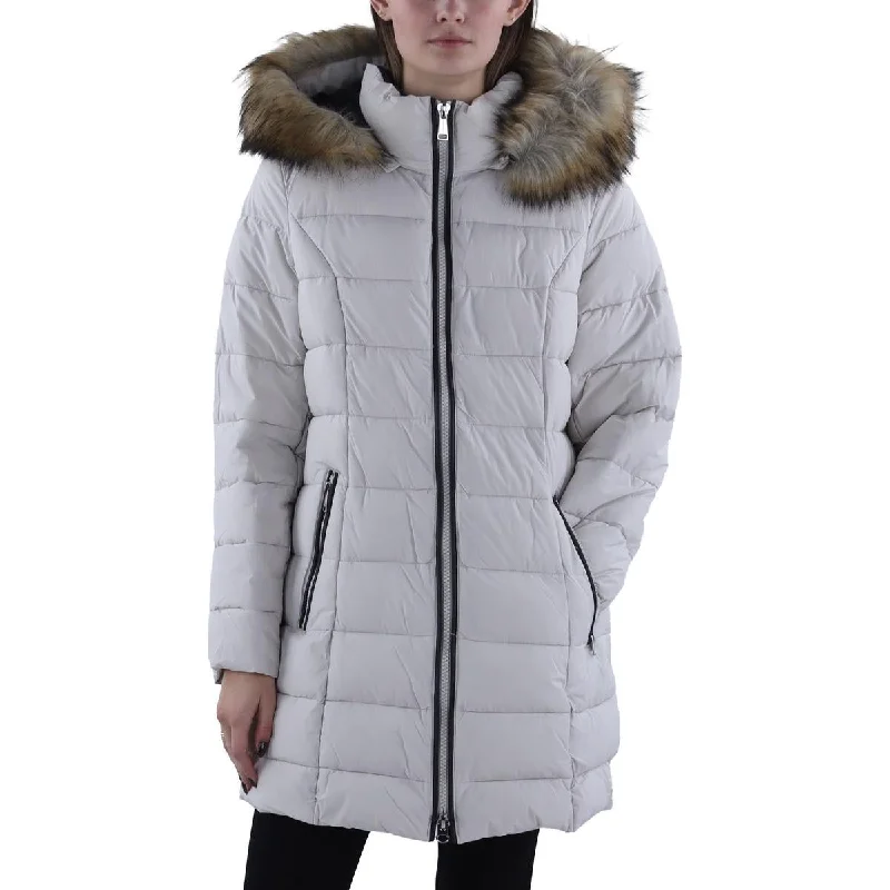 Womens Faux Fur Trim Hooded Puffer Jacket Nylon Fabric Polyester Fabric Spandex Fabric