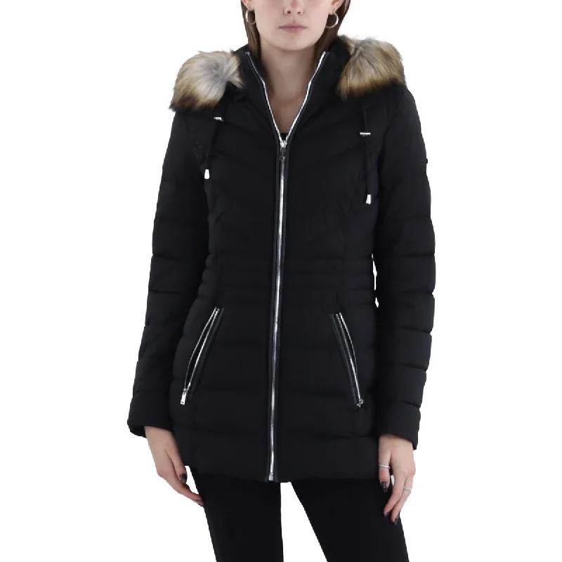 Womens Faux Fur Trim Hooded Puffer Jacket Toggled Jacket Drawstring Jacket Belted Jacket