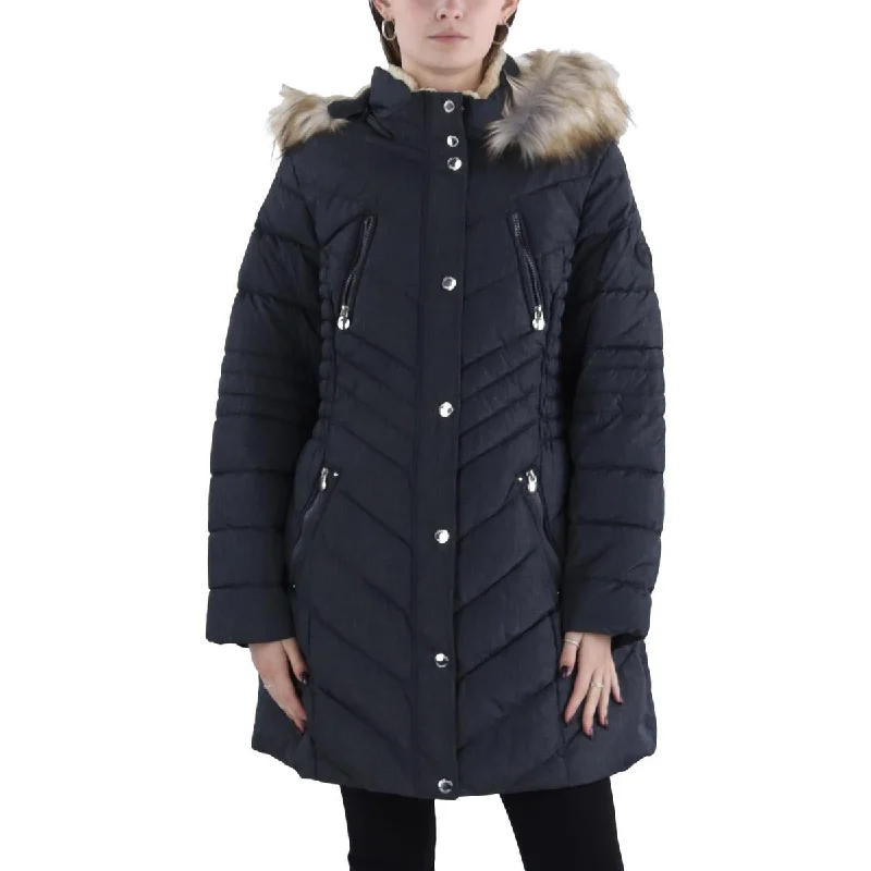 Plus Womens Faux Fur Trim Hooded Puffer Jacket Tailored Jacket Straight Jacket A-Line Jacket