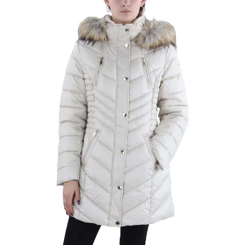 Womens Faux Fur Trim Hooded Puffer Jacket Trench Coat Raincoat Waterproof Jacket