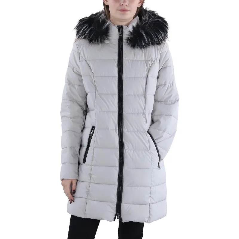 Womens Faux Fur Trim Hooded Puffer Jacket Wool Jacket Cashmere Jacket Tweed Jacket