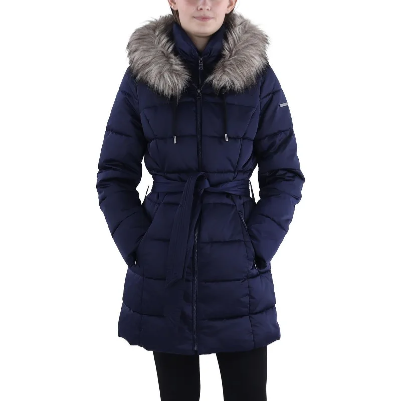 Womens Faux Fur Trim Hooded Puffer Jacket Welt Pockets Slit Pockets Flap Pockets