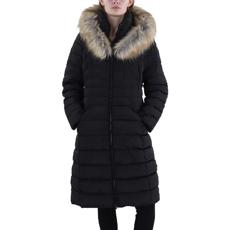 Womens Faux Fur Trim Hooded Puffer Jacket Zippered Jacket Buttoned Jacket Snapped Jacket