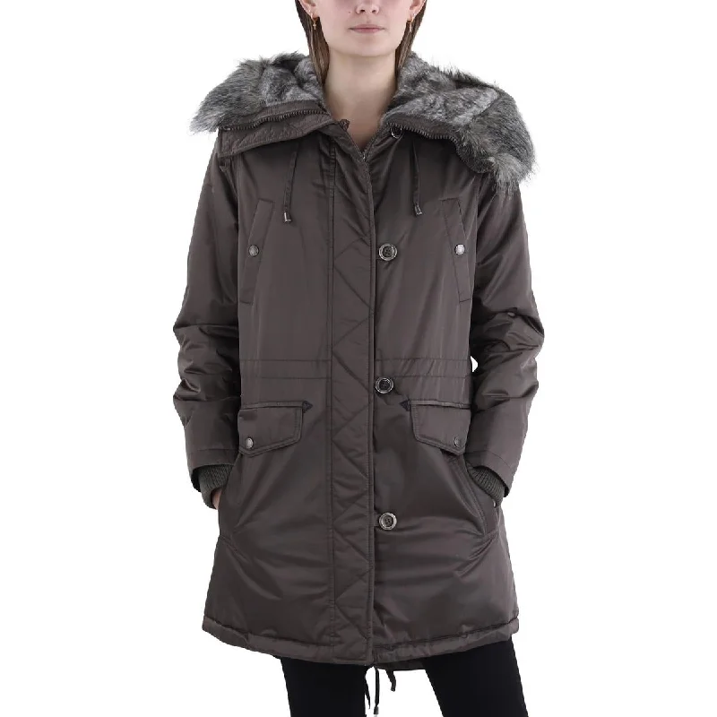 Womens Faux Fur Hooded Puffer Jacket Tailored Jacket Straight Jacket A-Line Jacket