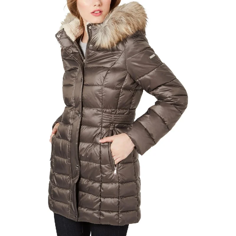 Womens Faux Fur Hooded Puffer Jacket Welt Pockets Slit Pockets Flap Pockets