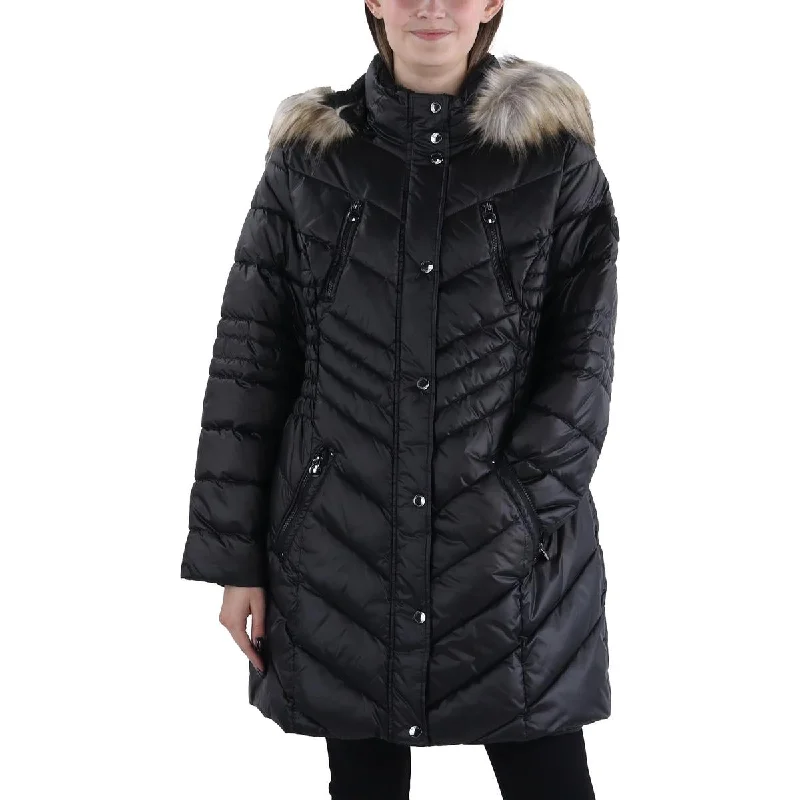 Plus Womens Faux Fur Trim Hooded Puffer Jacket V-Neck Jacket Boat Neck Jacket Square Neck Jacket