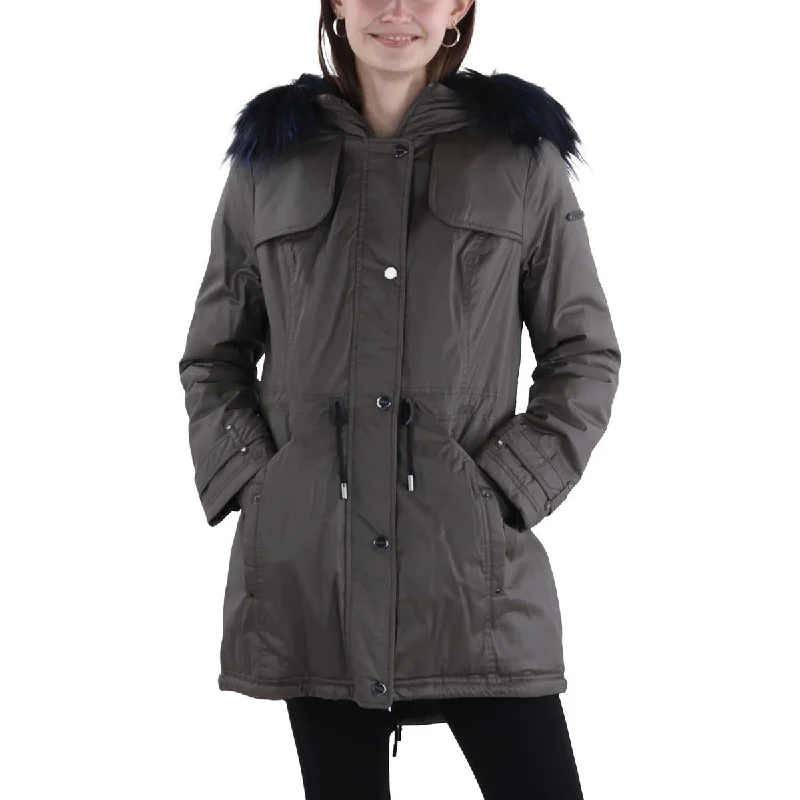 Womens Faux Fur Trim Hooded Anorak Jacket Front Pockets Side Pockets Patch Pockets