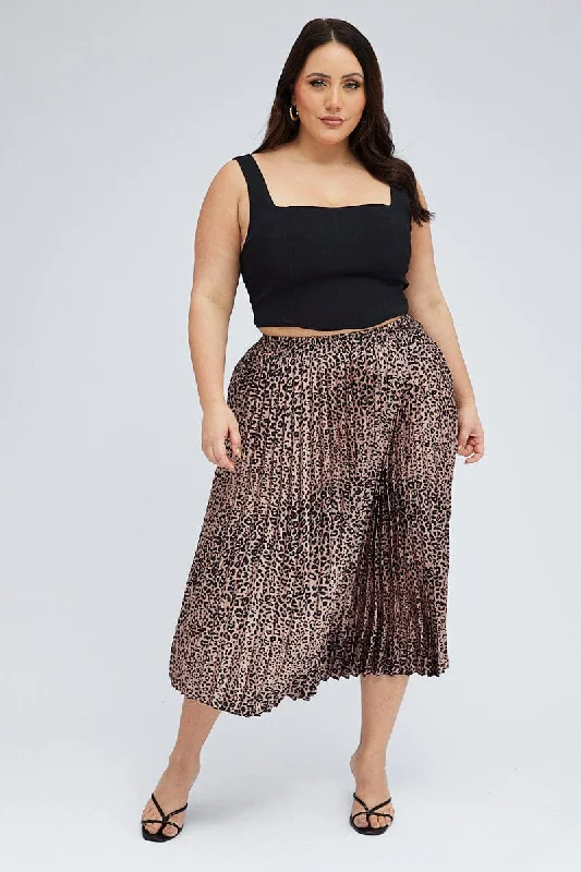 Brown Animal Print Pleated Skirt Leopard linen skirt natural