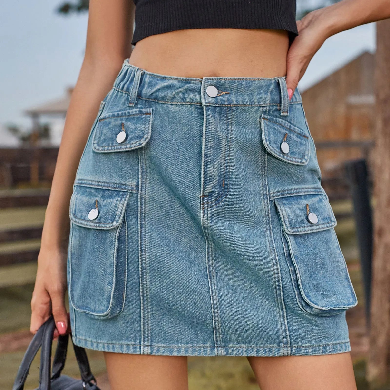 2024 Denim Skirt Street Tooling Style Flap Ribbon Details Workwear High Street Skirt floral skirt print