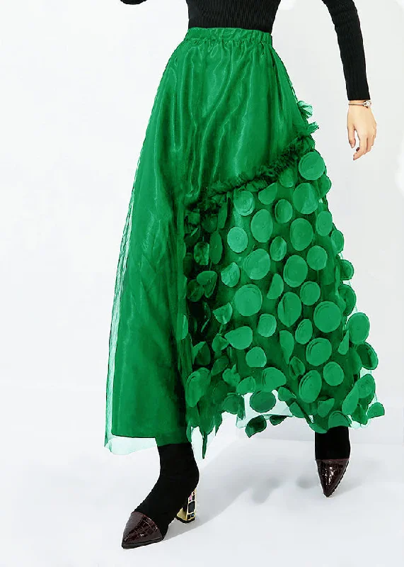 French Green Elastic Waist Patchwork Dot Tulle Vacation Skirts Spring zip skirt side