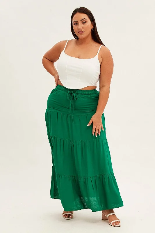 Green Maxi Skirt High Waist Tiered linen skirt natural