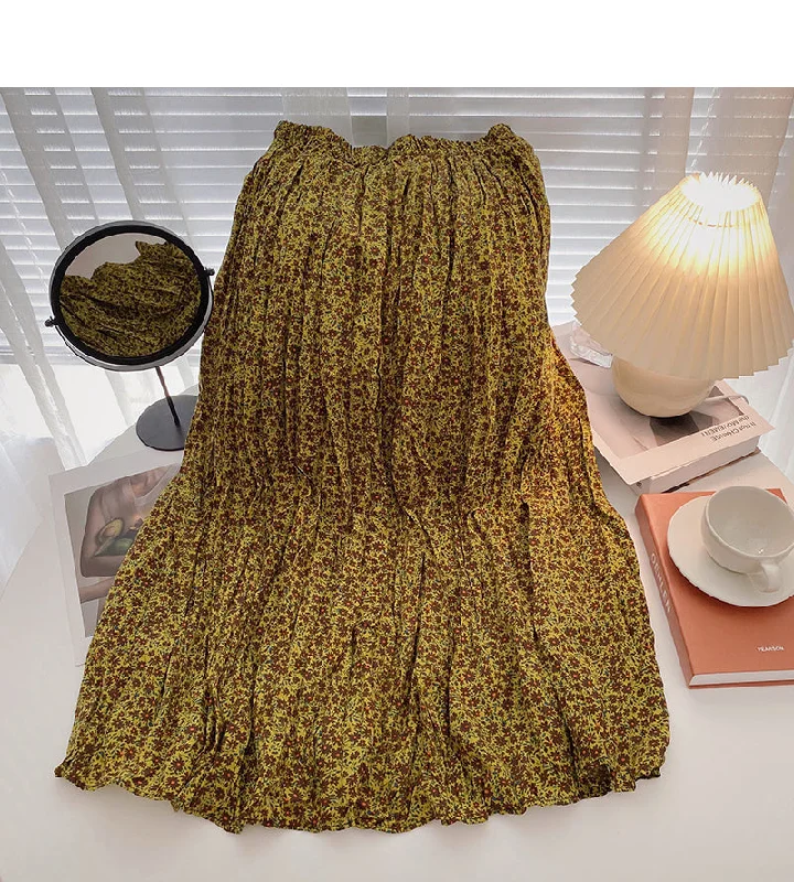 Hong Kong style retro floral high waist elastic A-shaped large swing skirt  5738 corduroy skirt durable