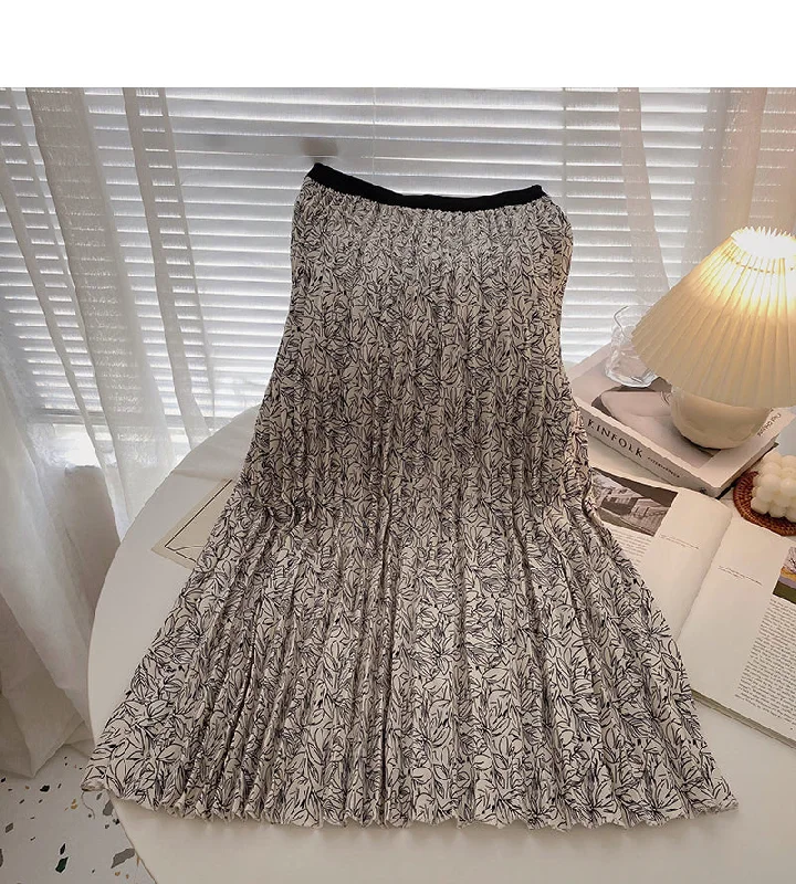 Hong Kong style retro printed leaf A-shaped medium length skirt  5739 pencil skirt chic