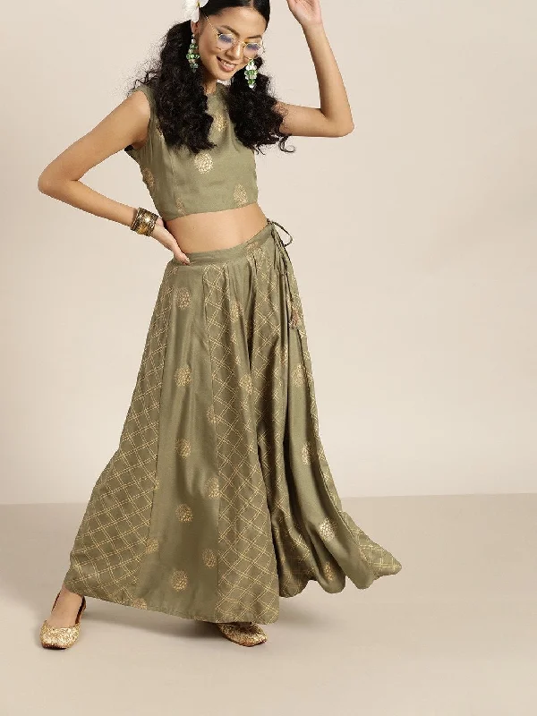 Women's Olive Sleevelesss Crop Top With Anarkali Skirt - SHAE corduroy skirt durable