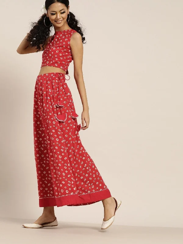 Women's Red Bandhej Sleeveless Crop Top With Anarkali Skirt - SHAE wool skirt sturdy