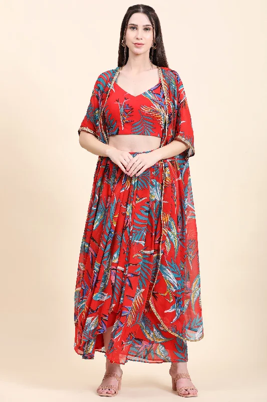 Women's Red base Leaf print Georgette Blouse, Cape, Dhoti drape Skirt set - MIRACOLOS by Ruchi relaxed fit skirt